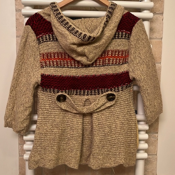 Free People wool crop hooded sweater BOHO style (tan, red/orange) size M - Picture 2 of 6